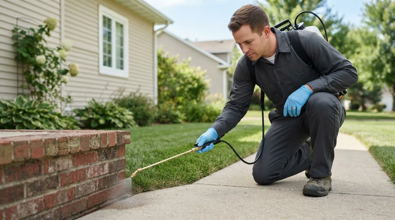 Pest control technician treating a home near Linn Grove, IA