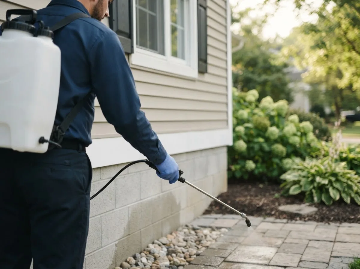 Pest control technician inspecting a home in Linn Grove, IA